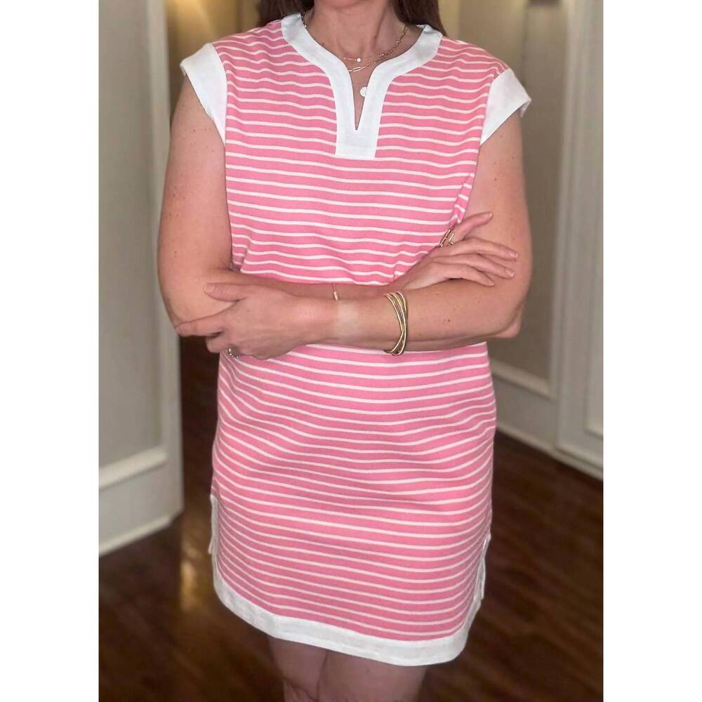 NEW AAPPARELLA striped v-neck knit dress in pink coastline